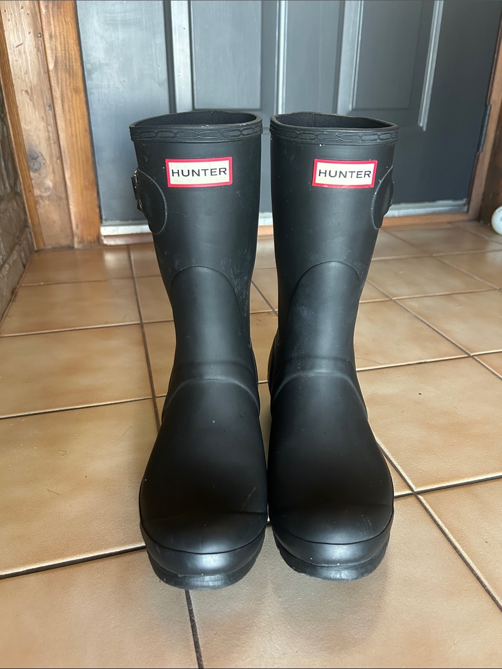 Hunter Black Rubber Mid-Calf Rain Boots with Logo Panel